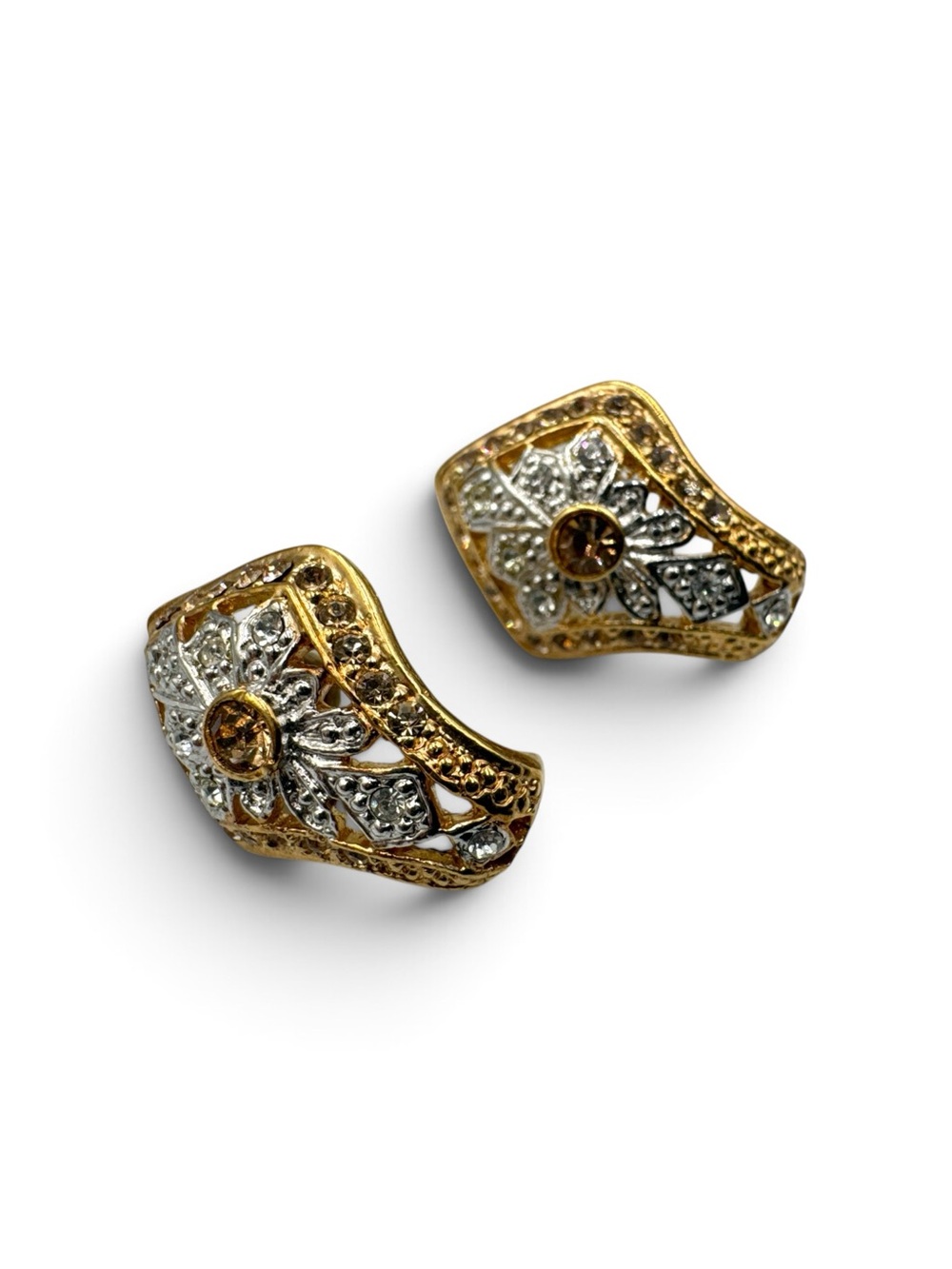 Vintage 18K Gold Plated CZ Flower Runway Statement Earrings Two Tone 7/8”